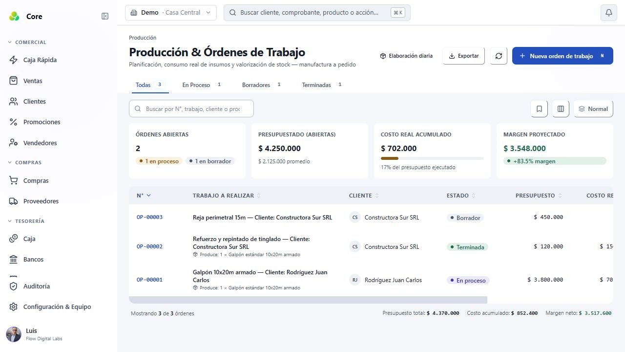 Pantalla real de producción de Core